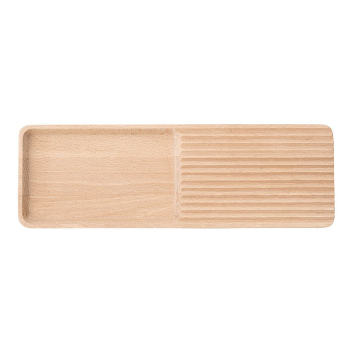 Natural wood serving tray with smooth and ridged patterns, showcasing a light, warm beige finish. Perfect for dining decor.