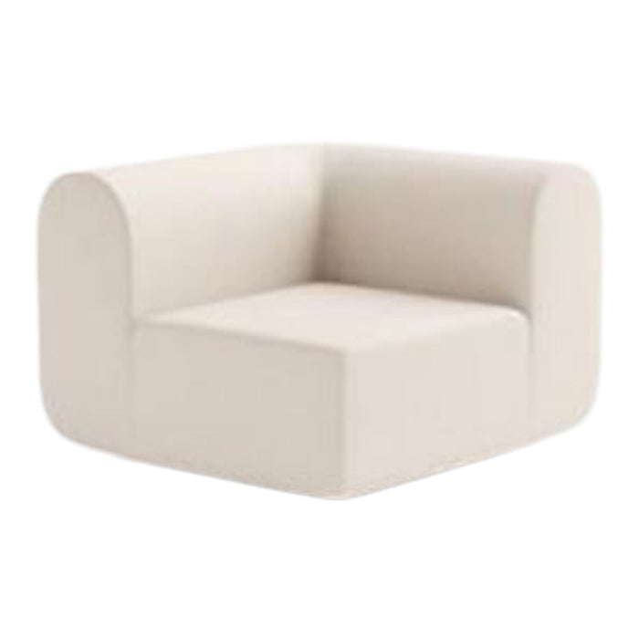 Stylish beige corner chair with smooth, rounded edges and minimalist design. Perfect for modern decor.