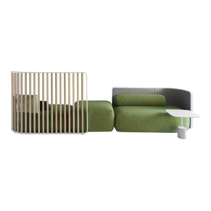 Green and gray modern sofa with a slatted wooden divider and minimalist white table, featuring clean lines and contemporary design.