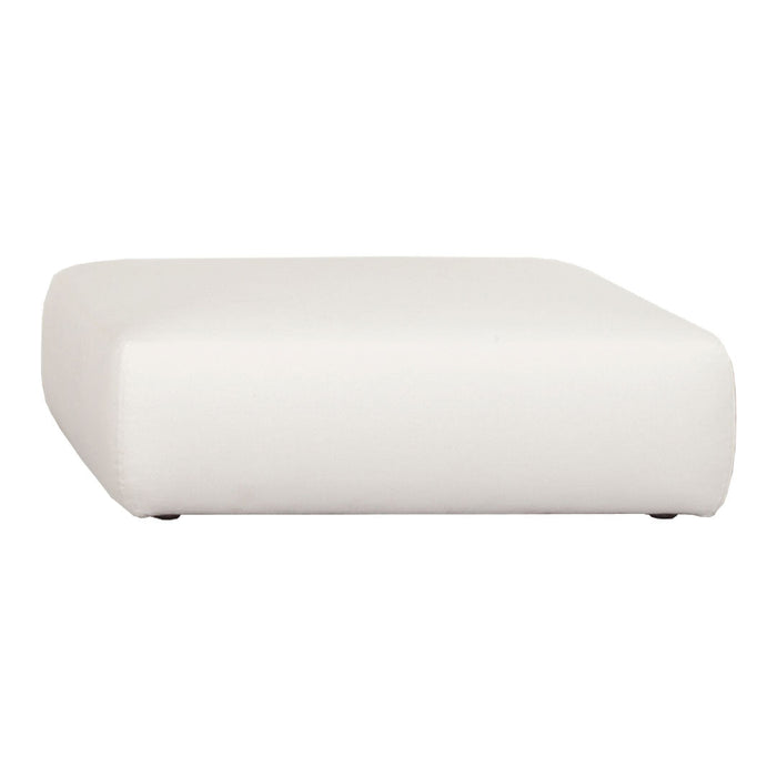 Stylish white ottoman with a smooth, contemporary design and rounded edges, perfect for modern decor.