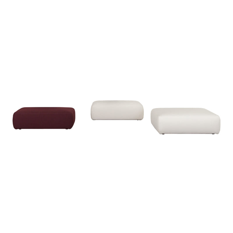 Set of three poufs in deep burgundy and soft white, featuring smooth, contemporary designs with rounded edges.