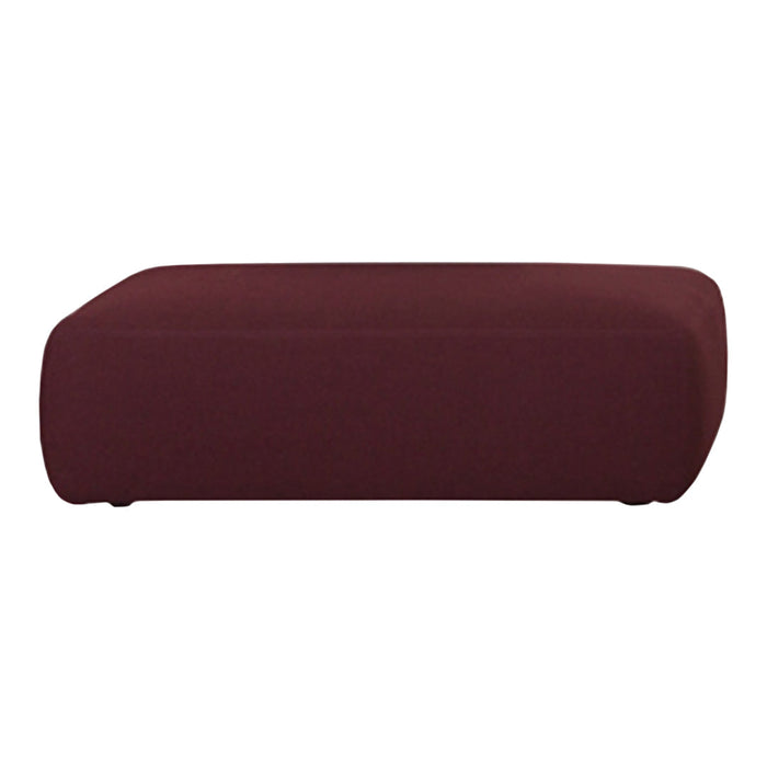 Maroon upholstered ottoman with a sleek, modern design and smooth fabric texture. Ideal for stylish living spaces.
