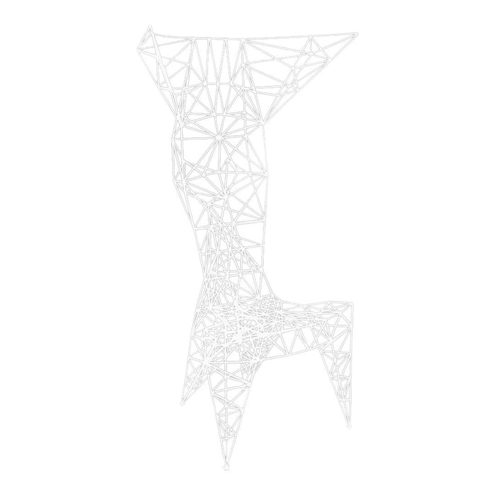 White geometric sculpture featuring a lattice design with angular shapes and intricate linear patterns.
