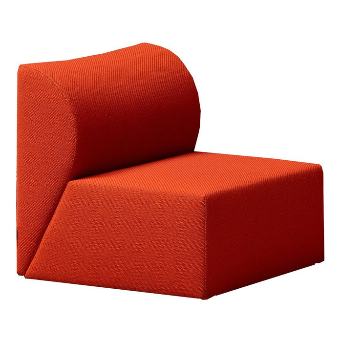 Bold orange armchair with a modern, geometric design and smooth texture, perfect for contemporary decor.