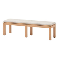 Light wood bench with a cream upholstered seat, featuring a smooth, minimalist design. Perfect for modern decor.