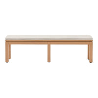 Light-colored fabric upholstered bench with a natural wood frame, featuring a minimalist design and clean lines.