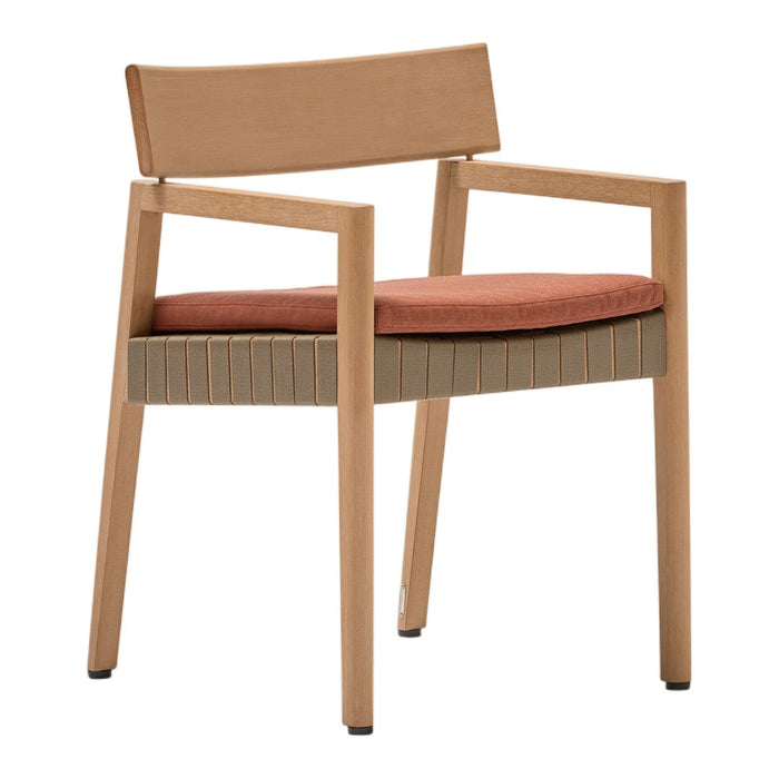 Wooden chair with a light brown frame, textured beige seat, and rust-colored cushion for a modern look.