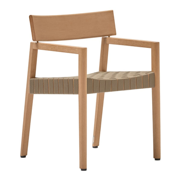 Stylish wooden chair with a warm light brown finish and a textured striped seat in neutral tones.