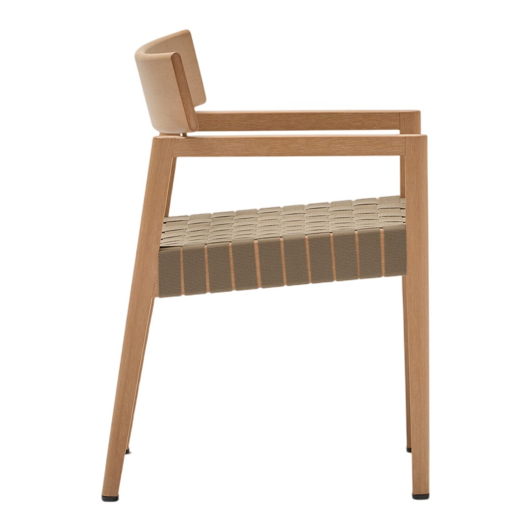 Beige and tan striped pattern chair with a wooden frame, featuring sleek armrests and a contemporary design.