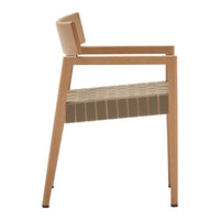 Beige and tan striped pattern chair with a wooden frame, featuring sleek armrests and a contemporary design.