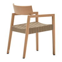 Wooden chair with a natural finish and woven beige and brown patterned seat, showcasing modern design and comfort.
