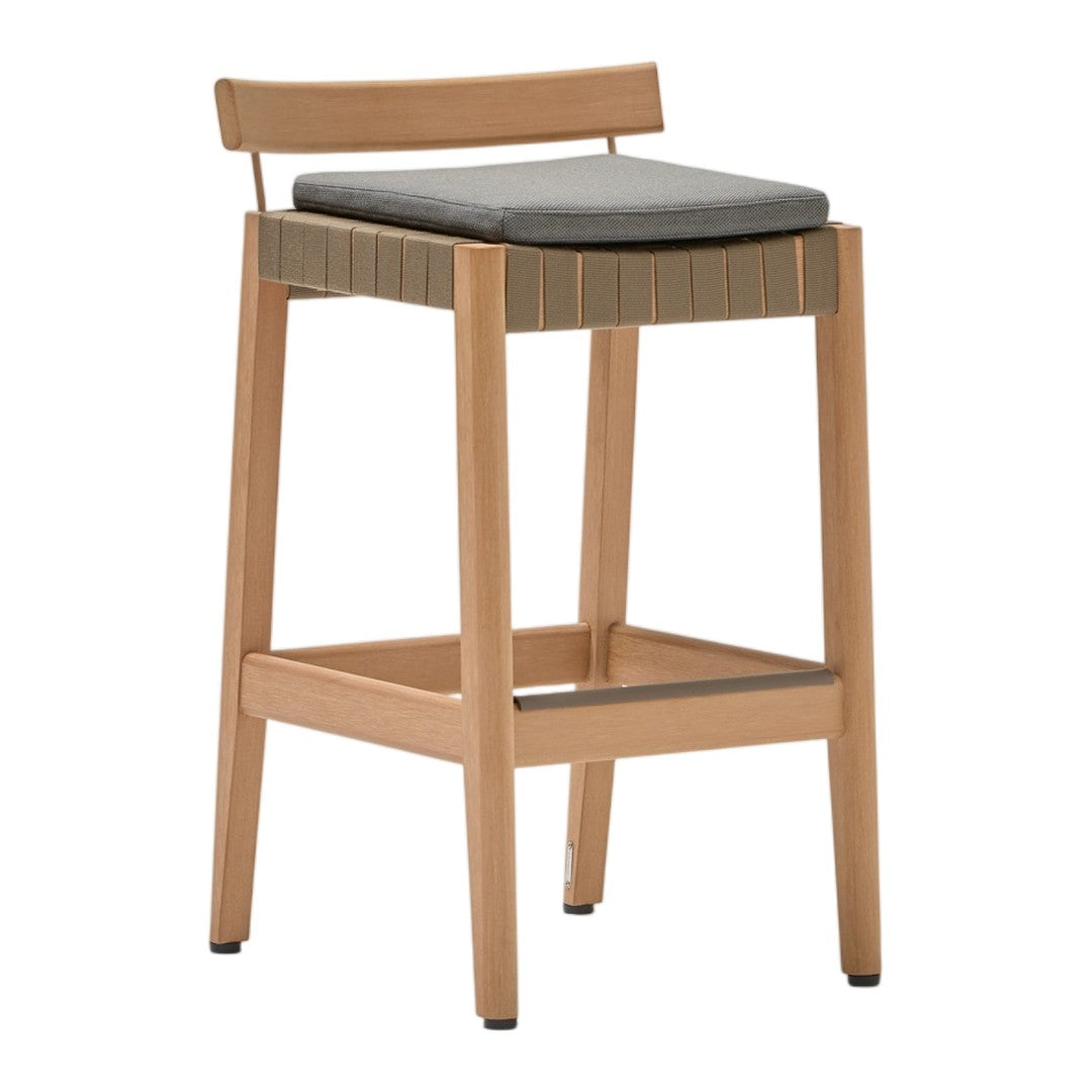 Light wood bar stool with a sleek gray cushion and subtle ribbed detailing on the seat. Modern, minimalist design.