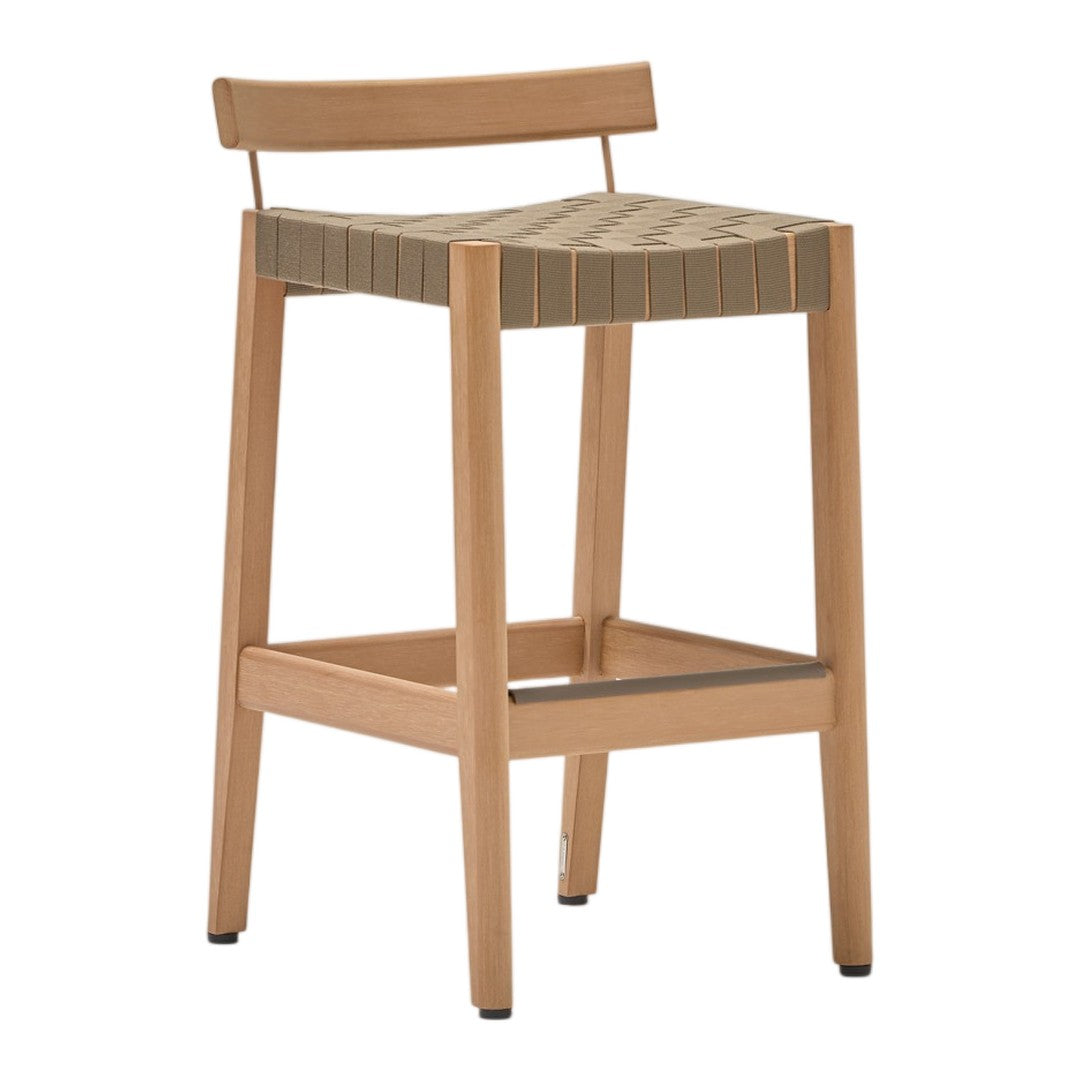 Light wood bar stool with a woven seat in earthy tones and minimalist design, perfect for modern interiors.