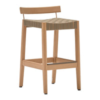 Light wood bar stool with a woven seat in earthy tones and minimalist design, perfect for modern interiors.