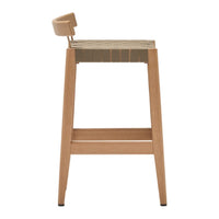 Natural wood bar stool with a sleek design and subtle beige patterns on the seat. Modern and minimalist style.