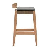Modern bar stool with a natural wood finish and gray upholstered seat, featuring sleek, minimalist design.