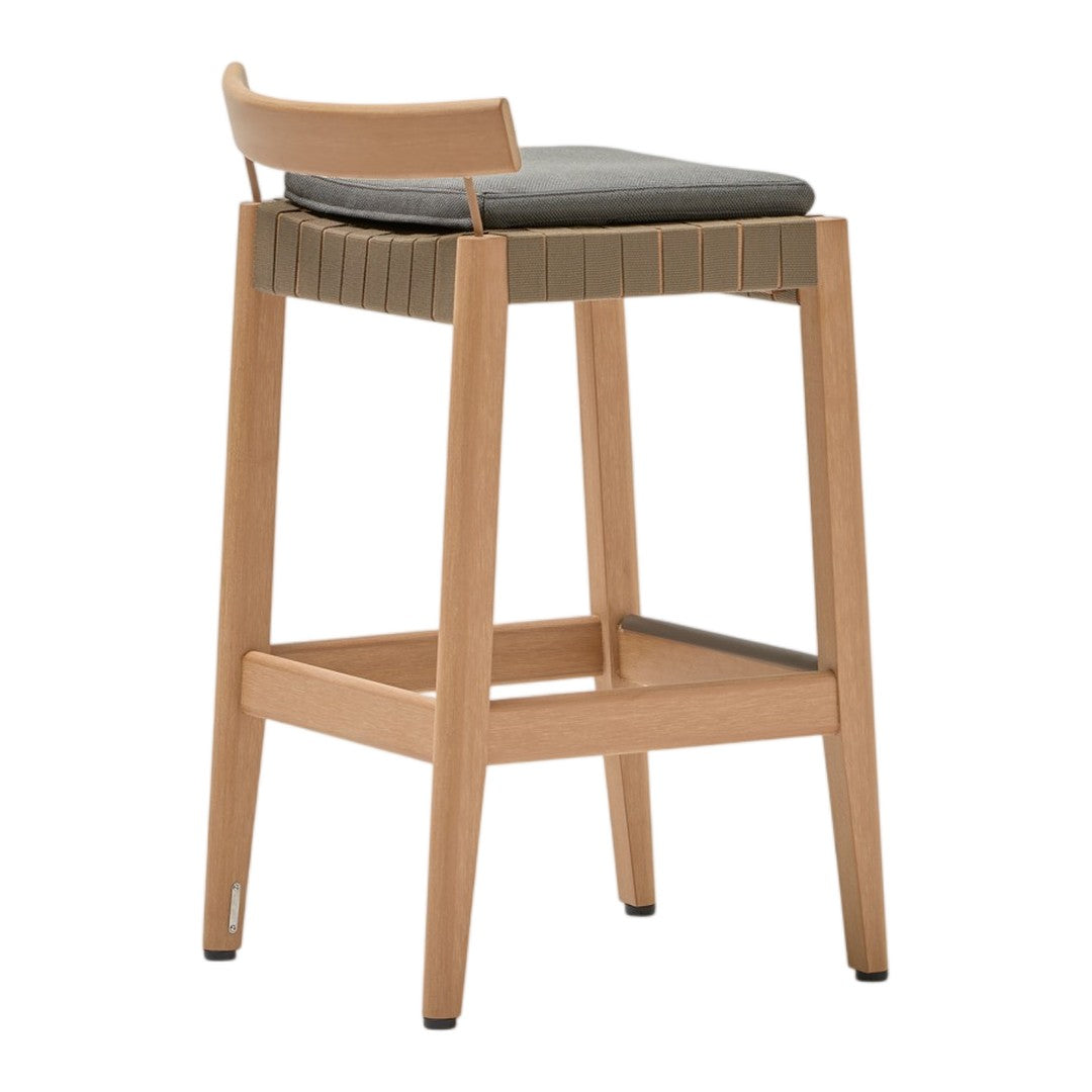 Natural wood stool with a sleek light oak finish and a grey upholstered seat featuring subtle vertical stripes.