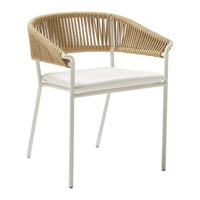 Natural rattan backrest with cream cushion, set on a sleek white metal frame, showcasing a modern, minimalist design.