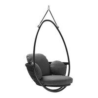 Black metal hanging chair with gray cushions, featuring a sleek oval shape and minimalist design. Perfect for modern decor.