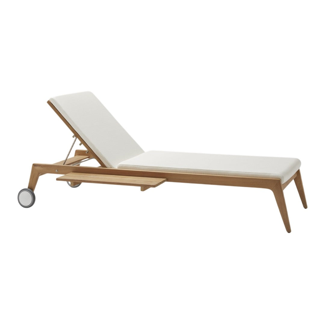 White cushioned chaise lounge with a sleek wooden frame and minimalist design, perfect for outdoor settings.