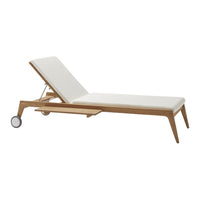 White cushioned chaise lounge with a sleek wooden frame and minimalist design, perfect for outdoor settings.