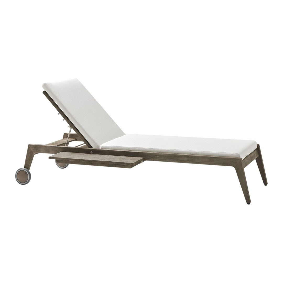Elegant beige lounge chair with a modern gray frame and subtle fabric texture, perfect for outdoor relaxation.