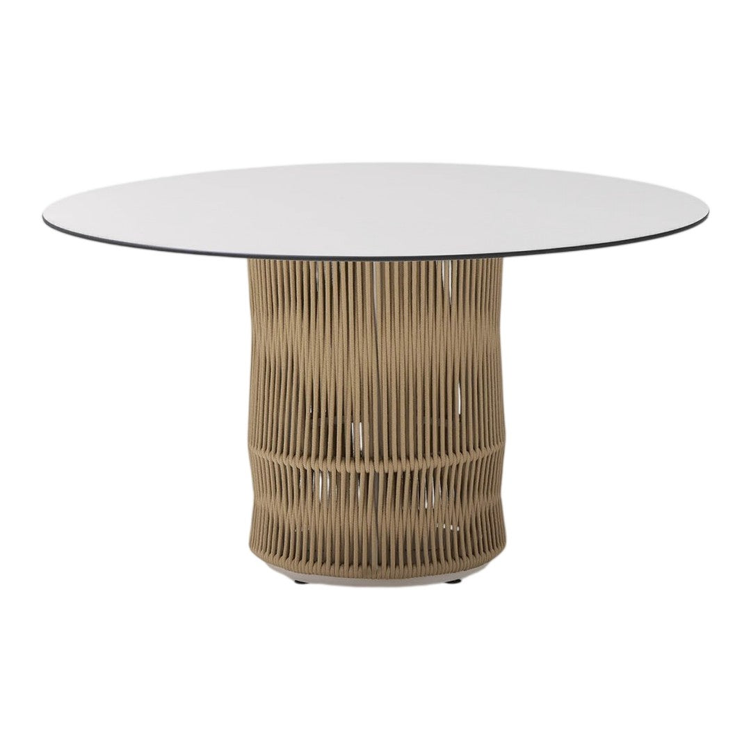 Round white tabletop with a textured beige base featuring vertical slats, perfect for modern decor.