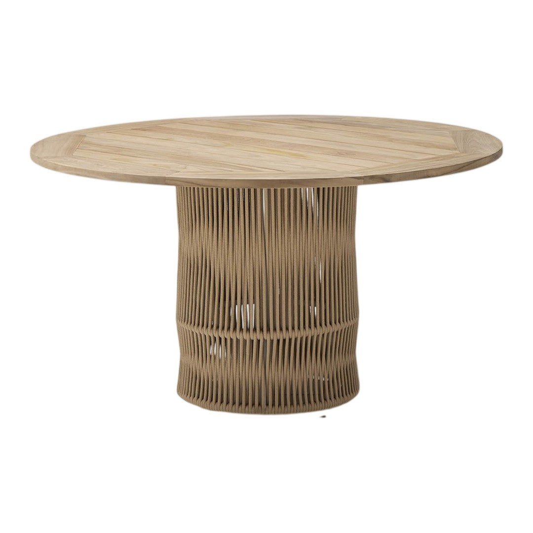 Round wooden dining table with light beige tones and a textured, woven base pattern. Perfect for modern decor.