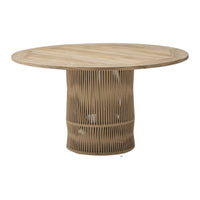Round wooden dining table with light beige tones and a textured, woven base pattern. Perfect for modern decor.