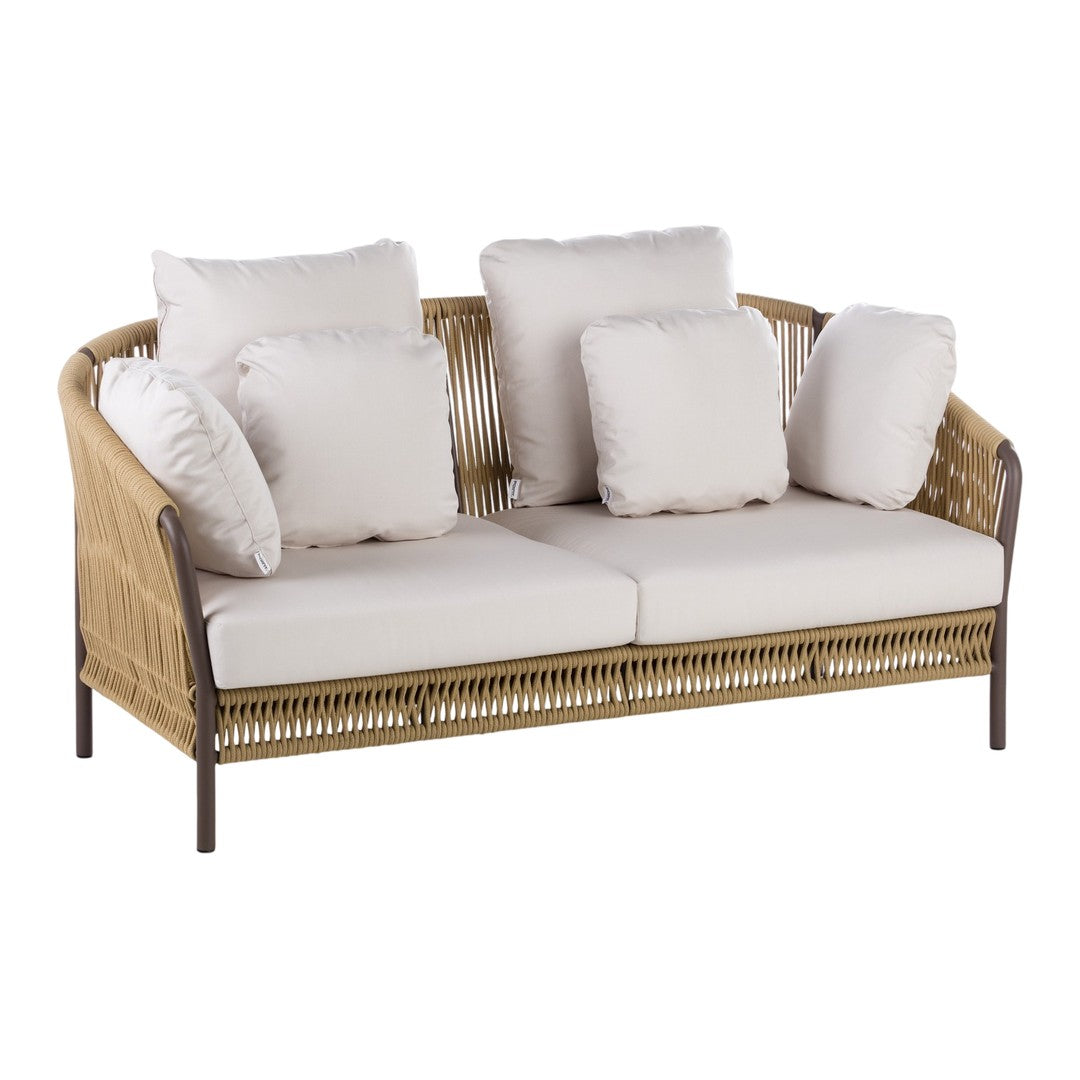 Beige wicker sofa with white cushions, featuring a simple, modern design and a neutral color palette.