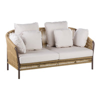 Beige wicker sofa with white cushions, featuring a simple, modern design and a neutral color palette.
