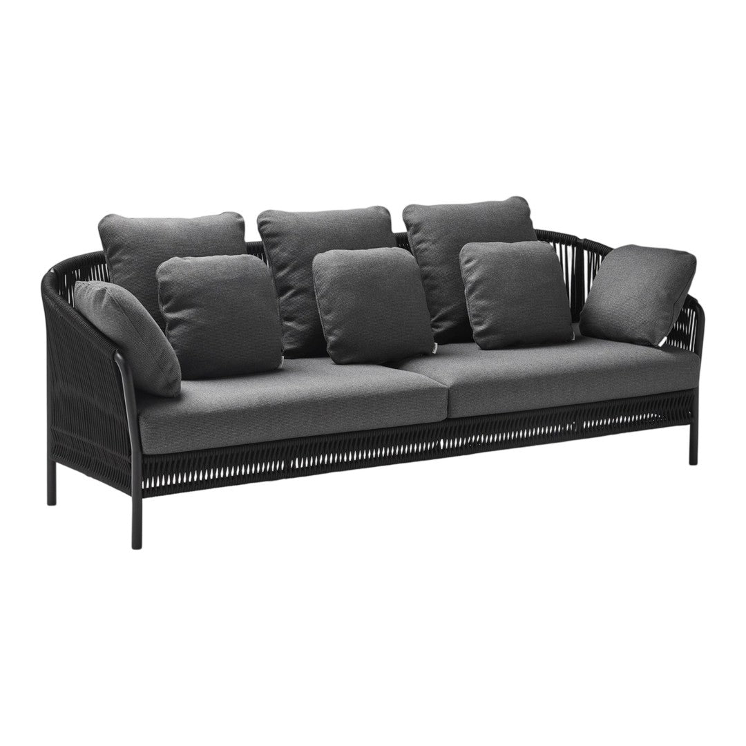 Black outdoor sofa with plush gray cushions, featuring a modern woven design for a sleek, stylish look.