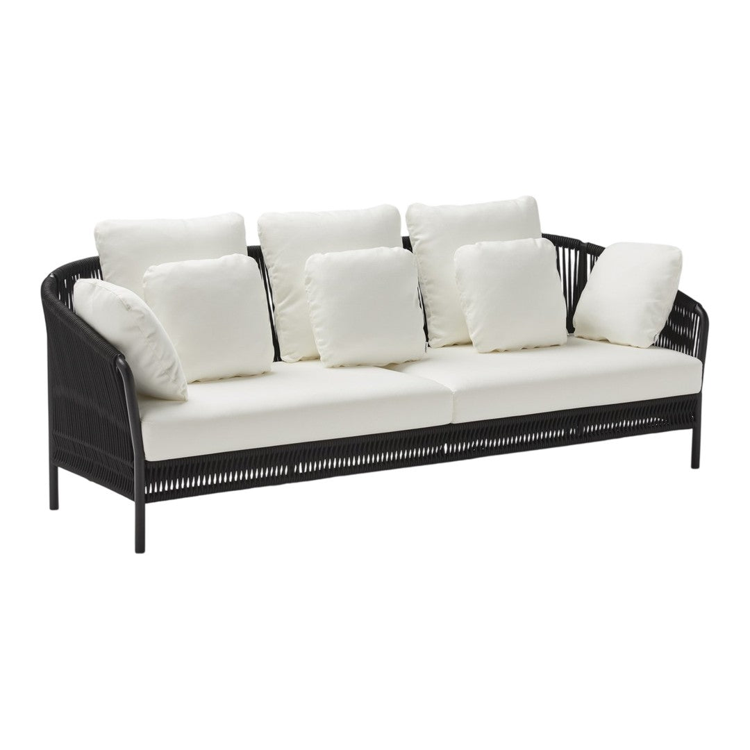 Black woven outdoor sofa with white cushions and matching throw pillows. Modern and stylish design for any patio.