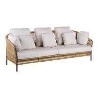 Light beige sofa with cream cushions and a woven rattan pattern, featuring a modern, stylish design for any decor.