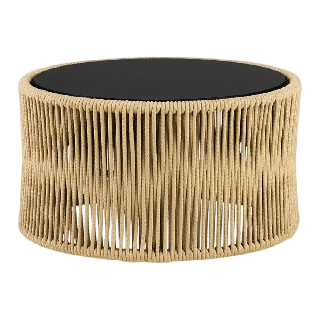 Beige woven base with black circular top, showcasing a modern, minimalist design and unique texture interplay.