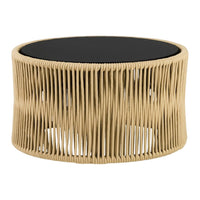 Beige woven base with black circular top, showcasing a modern, minimalist design and unique texture interplay.
