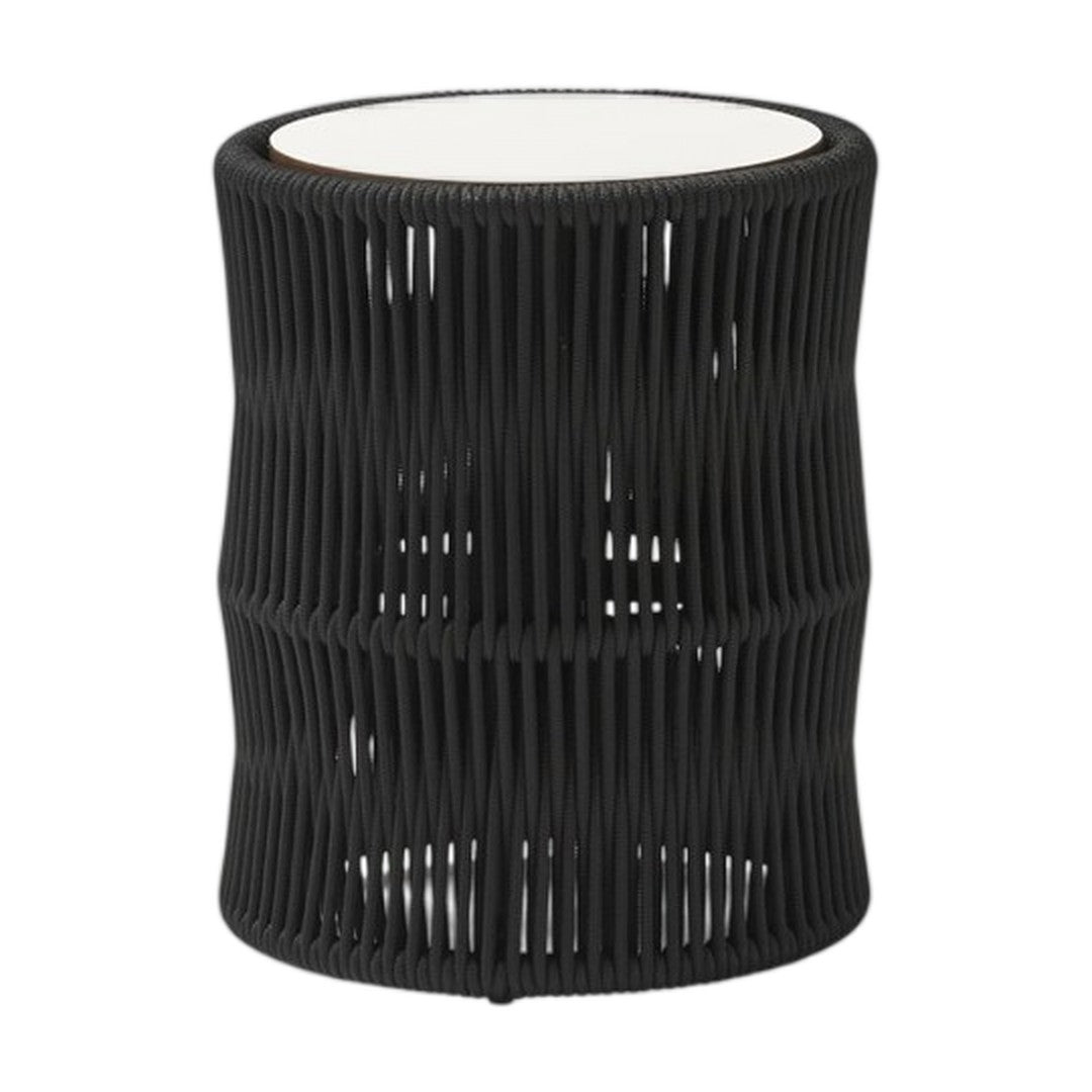 Black woven pattern accent table with a circular white top, designed for modern decor.