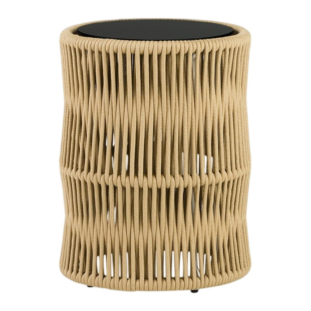 Natural woven beige accent table with a sleek black top, featuring a modern, cylindrical design.
