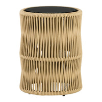 Natural woven beige accent table with a sleek black top, featuring a modern, cylindrical design.