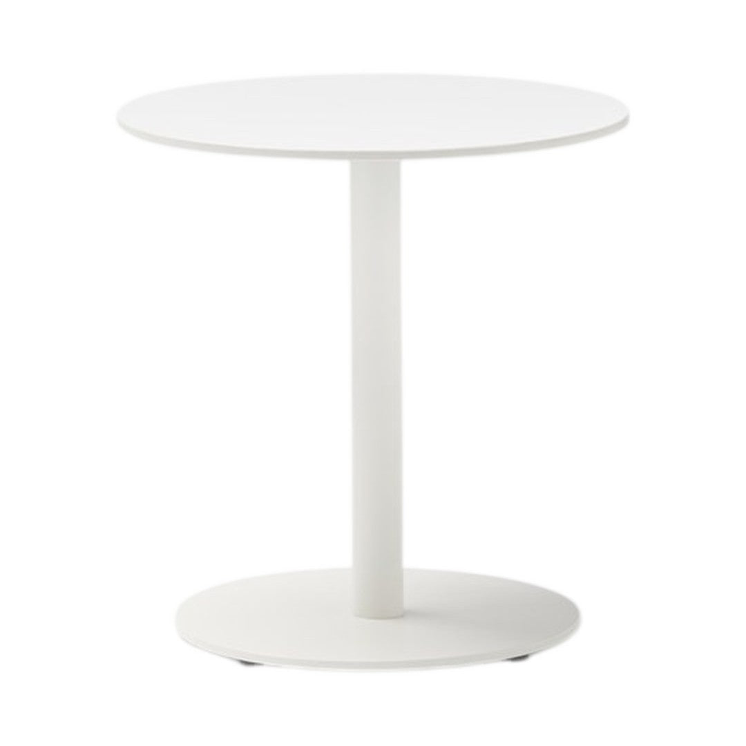 White, round side table with a smooth finish and sleek, minimalist design. Perfect for modern interiors.
