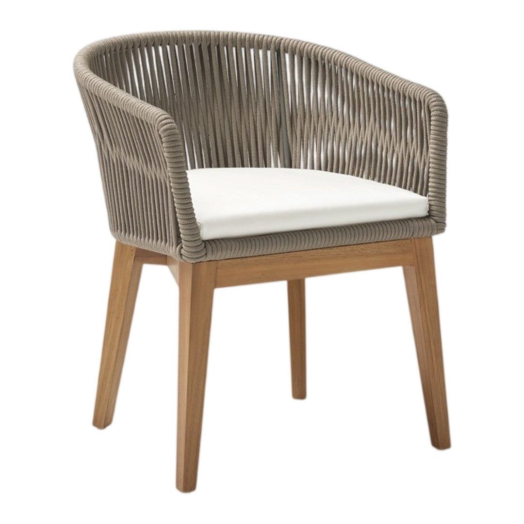 Gray woven chair with a light beige cushion and natural wood legs, featuring a round, modern design.