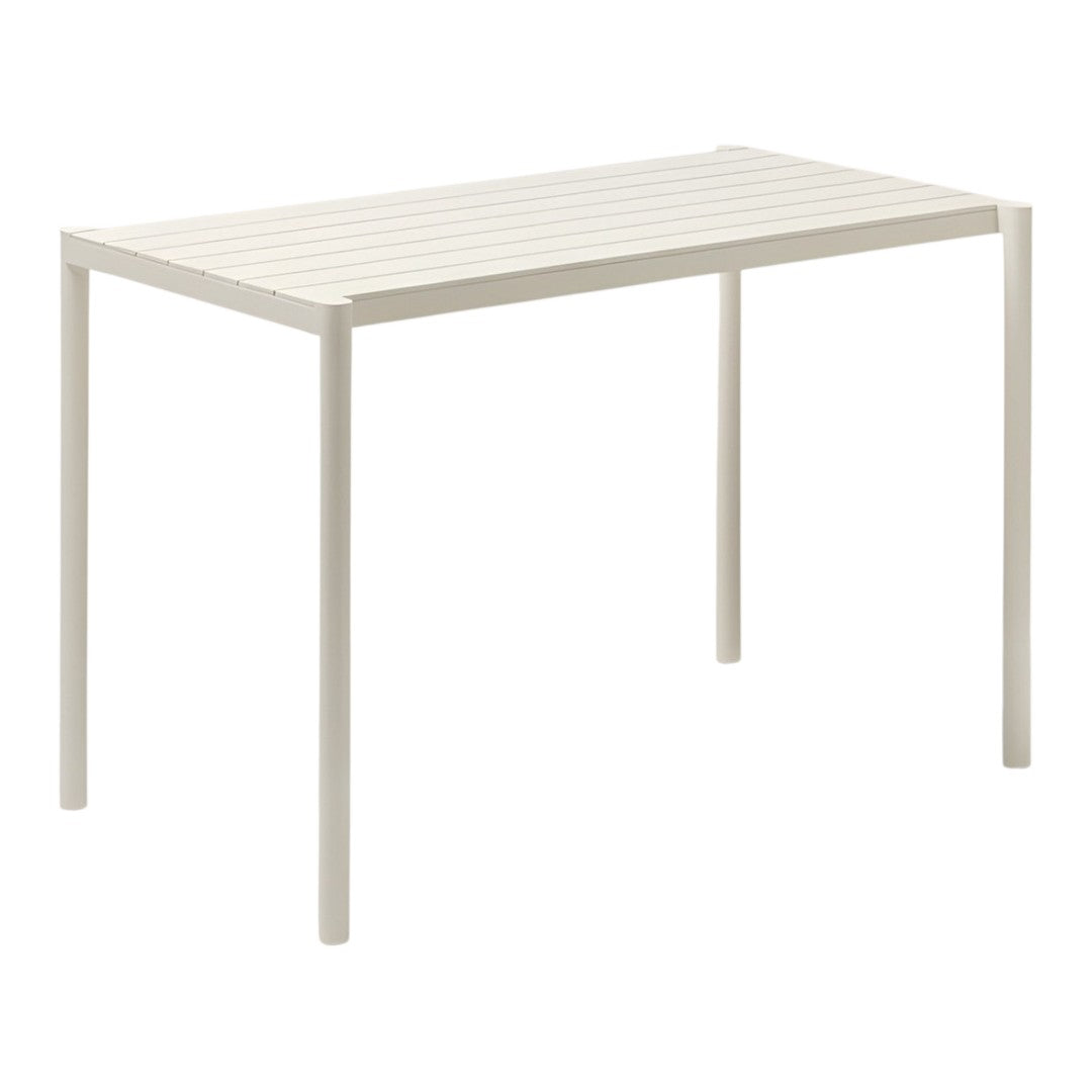 Modern white rectangular table with a sleek lined pattern, perfect for minimalist decor.