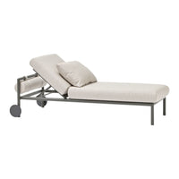 Gray metal frame chaise lounge with light beige cushion, featuring a simple, modern design. Versatile and stylish for outdoor use.