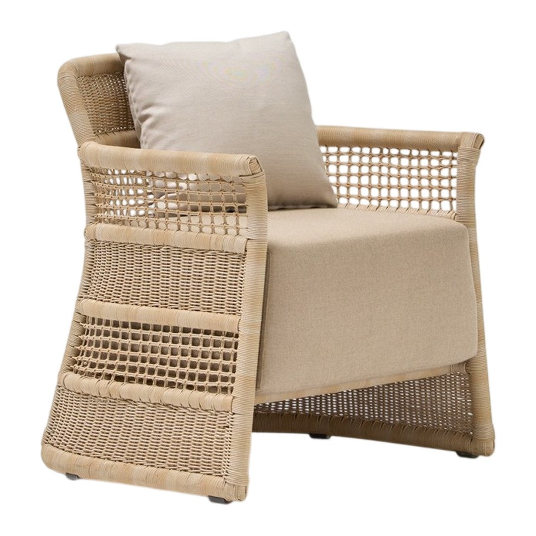 Beige woven accent chair with a soft cream cushion and textured rattan pattern, perfect for stylish indoor or outdoor living.
