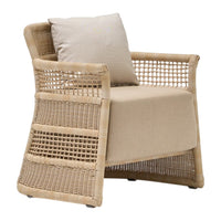 Beige woven accent chair with a soft cream cushion and textured rattan pattern, perfect for stylish indoor or outdoor living.