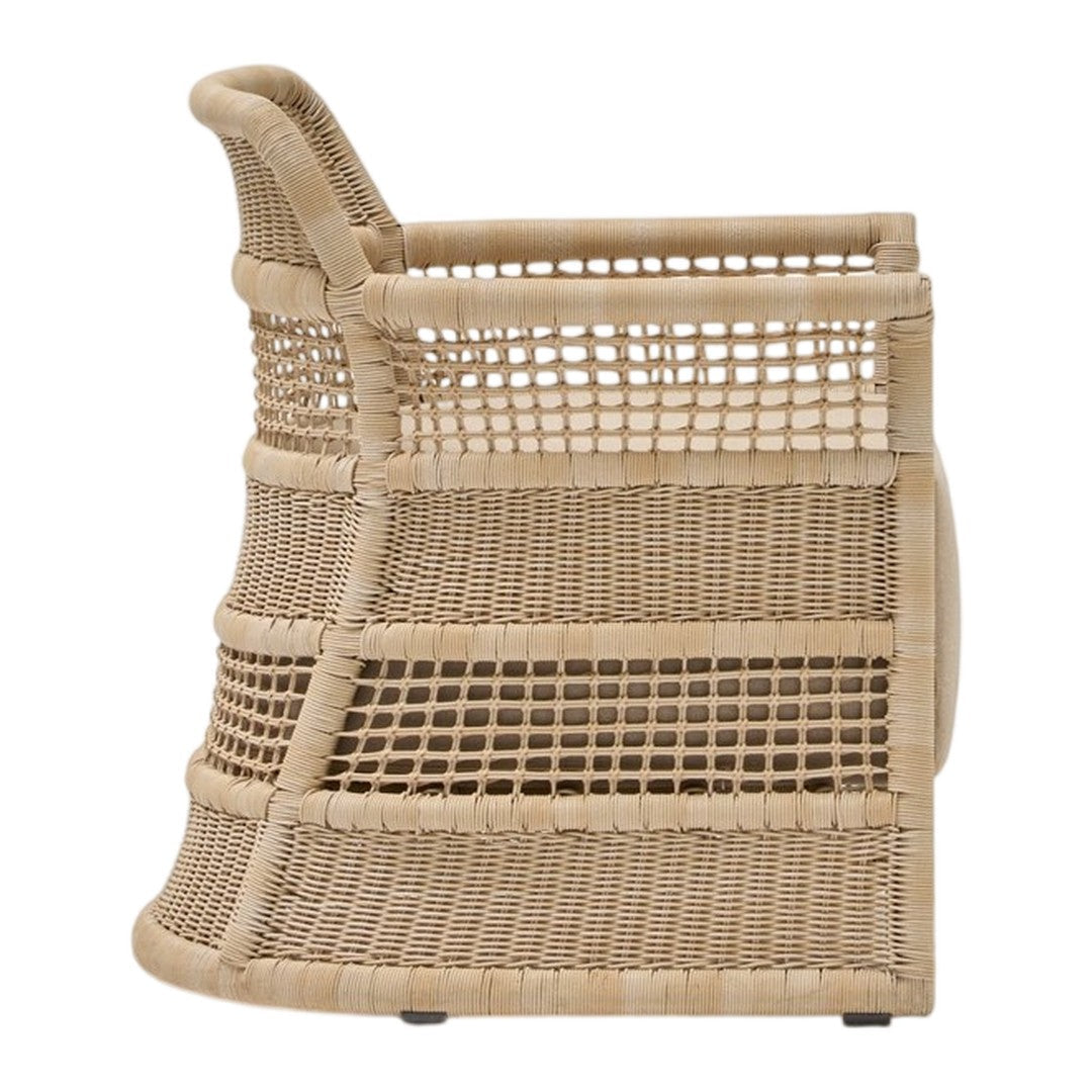 Natural beige rattan chair featuring an elegant woven pattern and smooth curves for a stylish touch.