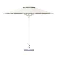 White outdoor umbrella with a solid design and subtle green accent, perfect for sun protection and patio decor.