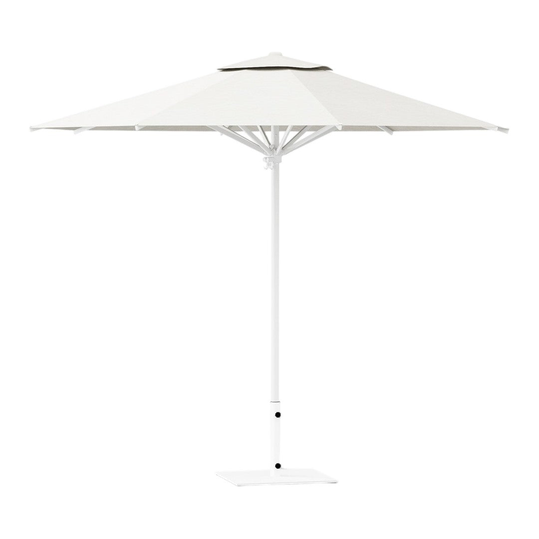 White patio umbrella with a solid color design and a black accent at the top, providing stylish sun protection.