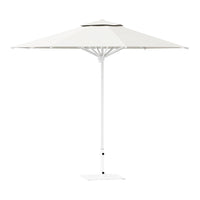 White patio umbrella with a solid color design and a black accent at the top, providing stylish sun protection.
