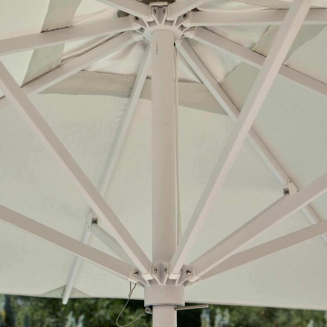White outdoor umbrella top with a neutral pole and a clean, streamlined design. Ideal for patio aesthetics.
